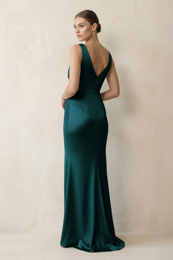V - Neck Satin Ruched Sheath Bridesmaid Dress in Pine - KissProm Bridesmaid Dresses