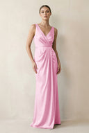 V - Neck Satin Ruched Sheath Bridesmaid Dress in Pink - KissProm Bridesmaid Dresses