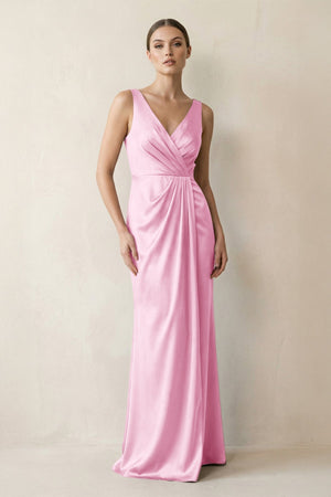 V - Neck Satin Ruched Sheath Bridesmaid Dress in Pink - KissProm Bridesmaid Dresses