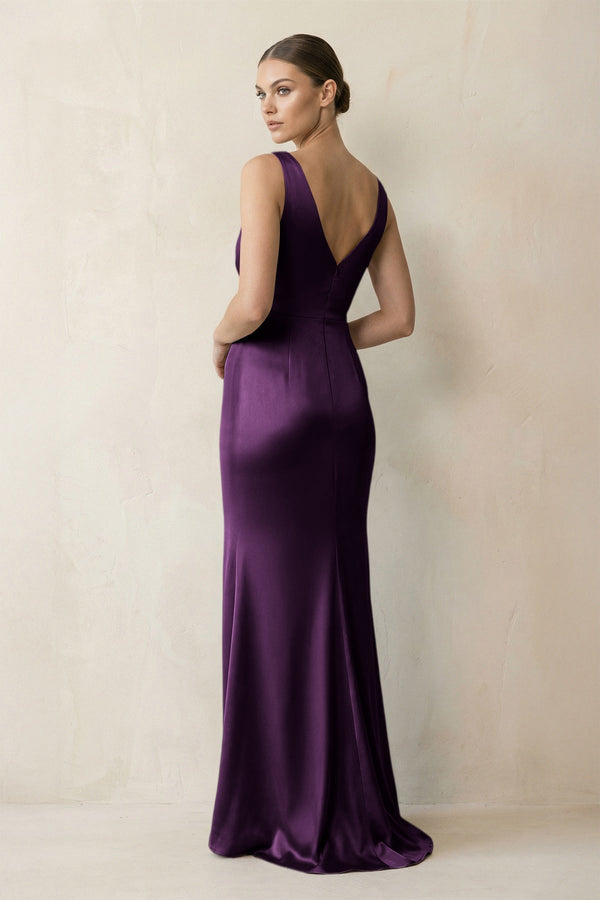 V - Neck Satin Ruched Sheath Bridesmaid Dress in Plum - KissProm Bridesmaid Dresses