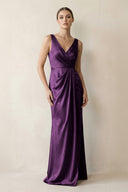 V - Neck Satin Ruched Sheath Bridesmaid Dress in Plum - KissProm Bridesmaid Dresses