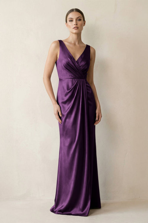 V - Neck Satin Ruched Sheath Bridesmaid Dress in Plum - KissProm Bridesmaid Dresses