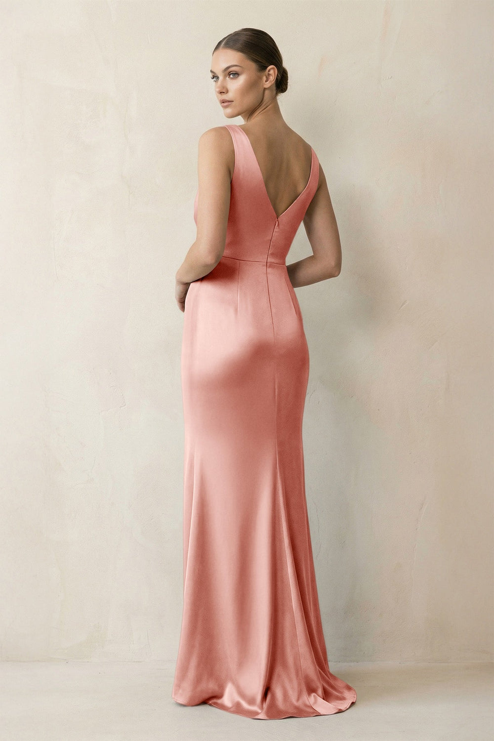 V - Neck Satin Ruched Sheath Bridesmaid Dress in Rose Petal - KissProm Bridesmaid Dresses
