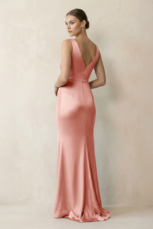 V - Neck Satin Ruched Sheath Bridesmaid Dress in Rose Petal - KissProm Bridesmaid Dresses