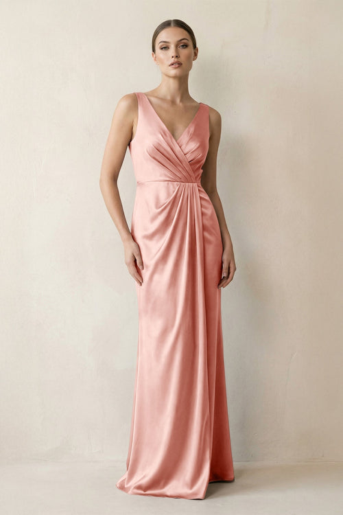 V - Neck Satin Ruched Sheath Bridesmaid Dress in Rose Petal - KissProm Bridesmaid Dresses
