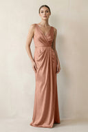 V - Neck Satin Ruched Sheath Bridesmaid Dress in Rosette - KissProm Bridesmaid Dresses