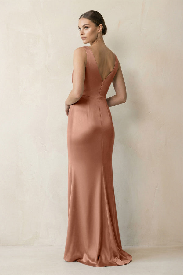 V - Neck Satin Ruched Sheath Bridesmaid Dress in Rosette - KissProm Bridesmaid Dresses