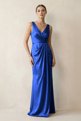 V - Neck Satin Ruched Sheath Bridesmaid Dress in Royal Blue - KissProm Bridesmaid Dresses