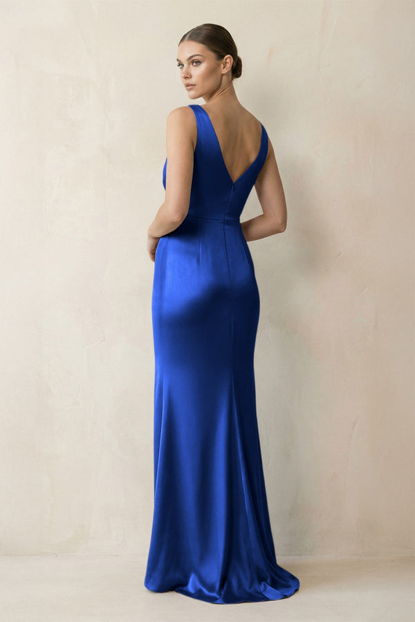 V - Neck Satin Ruched Sheath Bridesmaid Dress in Royal Blue - KissProm Bridesmaid Dresses