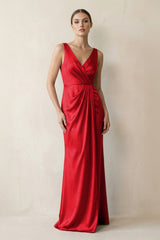 V - Neck Satin Ruched Sheath Bridesmaid Dress in Ruby Red - KissProm Bridesmaid Dresses