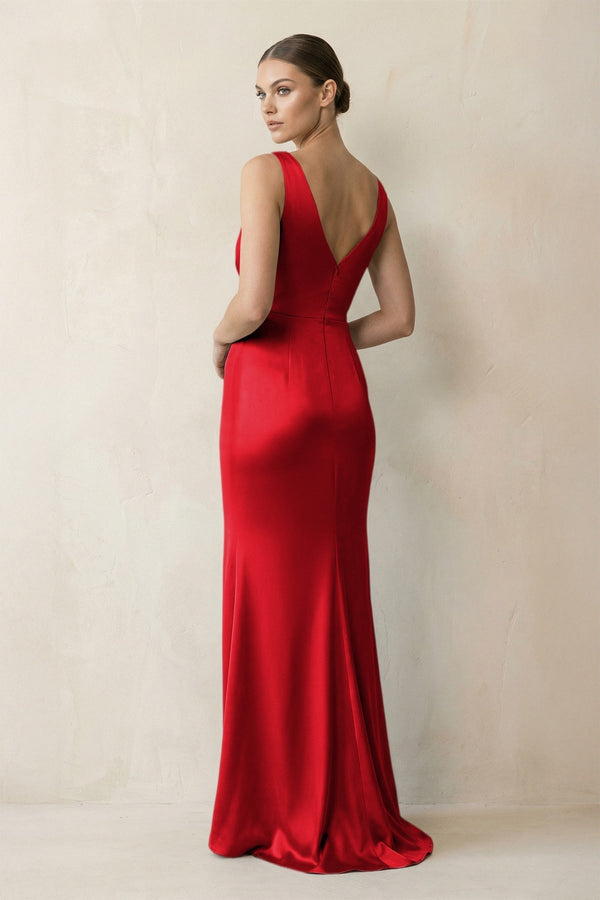 V - Neck Satin Ruched Sheath Bridesmaid Dress in Ruby Red - KissProm Bridesmaid Dresses