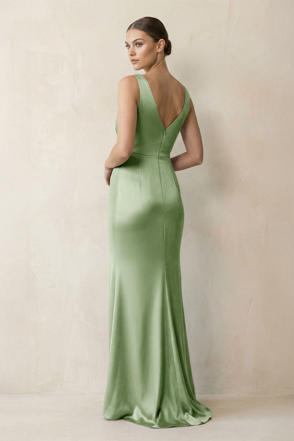V - Neck Satin Ruched Sheath Bridesmaid Dress in Sage - KissProm Bridesmaid Dresses