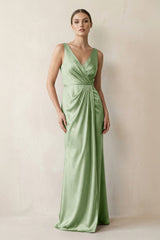 V - Neck Satin Ruched Sheath Bridesmaid Dress in Sage - KissProm Bridesmaid Dresses