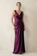 V - Neck Satin Ruched Sheath Bridesmaid Dress in Sangria - KissProm Bridesmaid Dresses