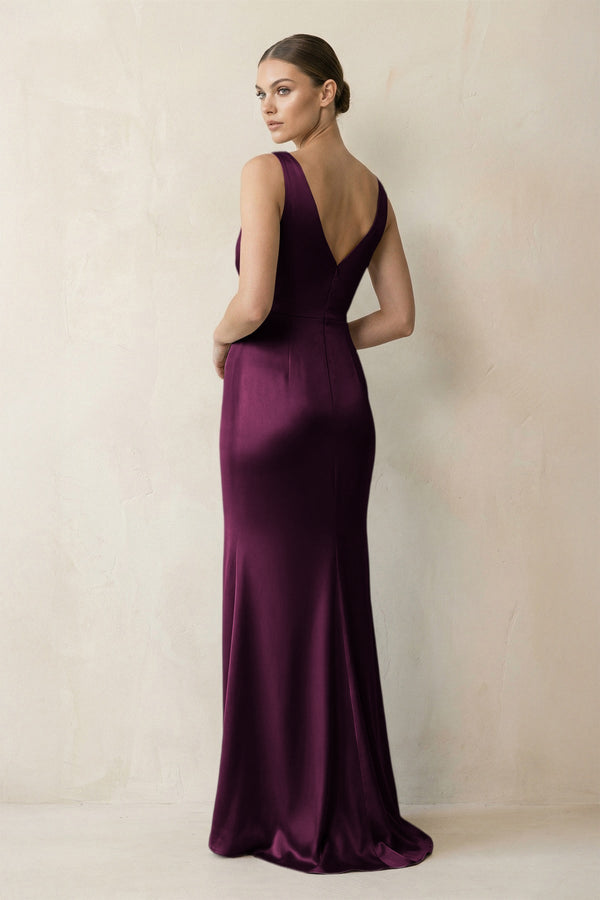 V - Neck Satin Ruched Sheath Bridesmaid Dress in Sangria - KissProm Bridesmaid Dresses