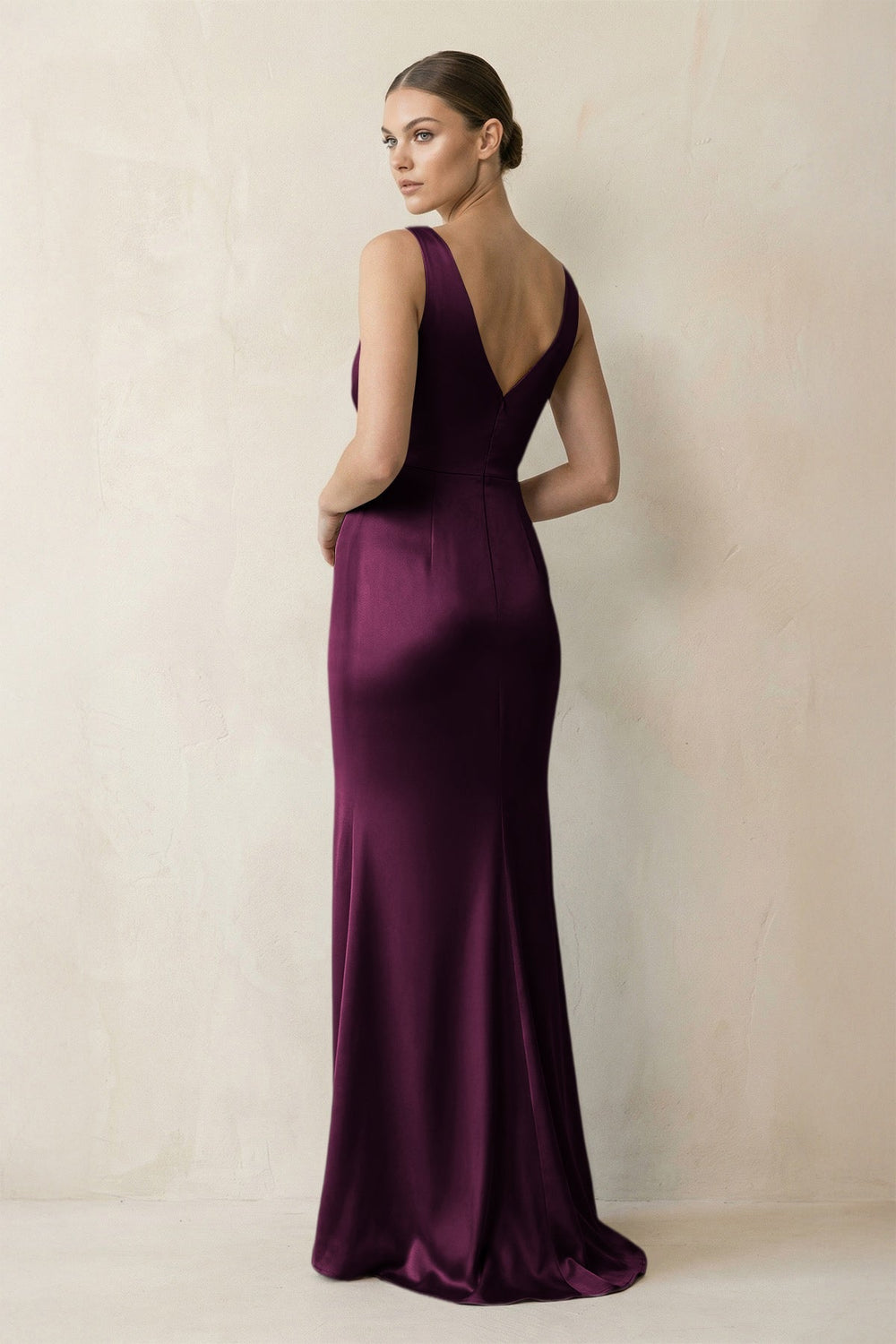 V - Neck Satin Ruched Sheath Bridesmaid Dress in Sangria - KissProm Bridesmaid Dresses