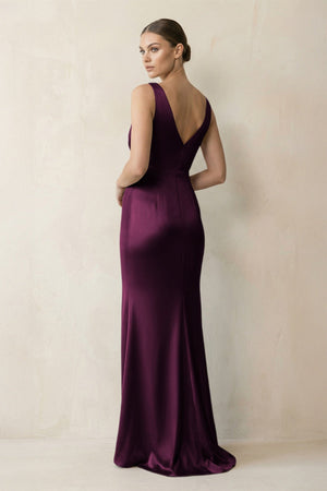 V - Neck Satin Ruched Sheath Bridesmaid Dress in Sangria - KissProm Bridesmaid Dresses