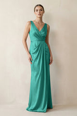 V - Neck Satin Ruched Sheath Bridesmaid Dress in Sea Glass - KissProm Bridesmaid Dresses