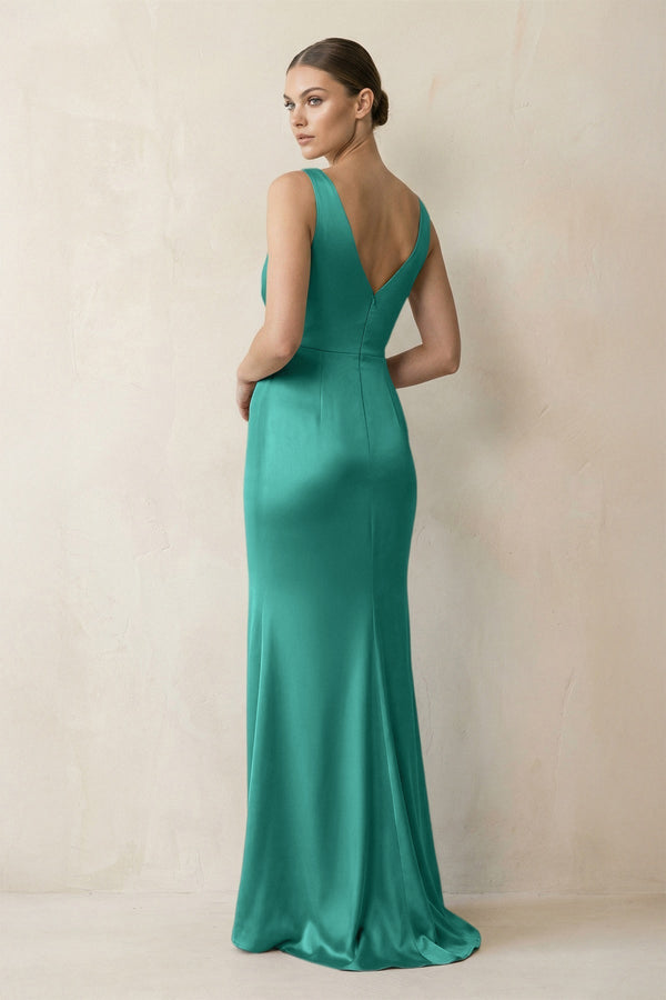 V - Neck Satin Ruched Sheath Bridesmaid Dress in Sea Glass - KissProm Bridesmaid Dresses