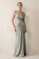 V - Neck Satin Ruched Sheath Bridesmaid Dress in Silver - KissProm Bridesmaid Dresses