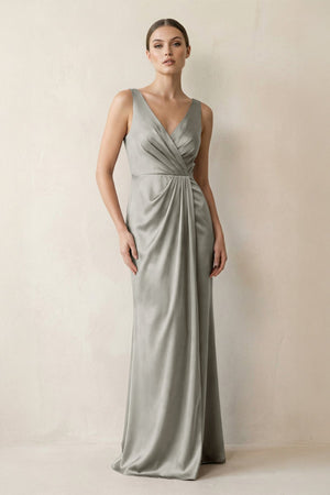 V - Neck Satin Ruched Sheath Bridesmaid Dress in Silver - KissProm Bridesmaid Dresses