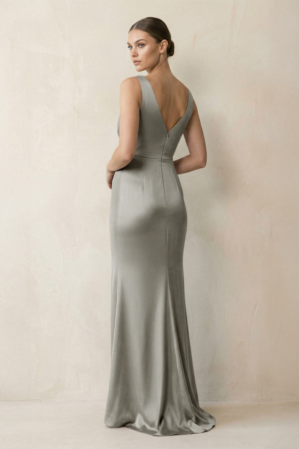 V - Neck Satin Ruched Sheath Bridesmaid Dress in Silver - KissProm Bridesmaid Dresses