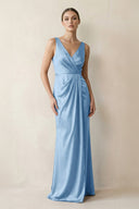 V - Neck Satin Ruched Sheath Bridesmaid Dress in Sky Blue - KissProm Bridesmaid Dresses