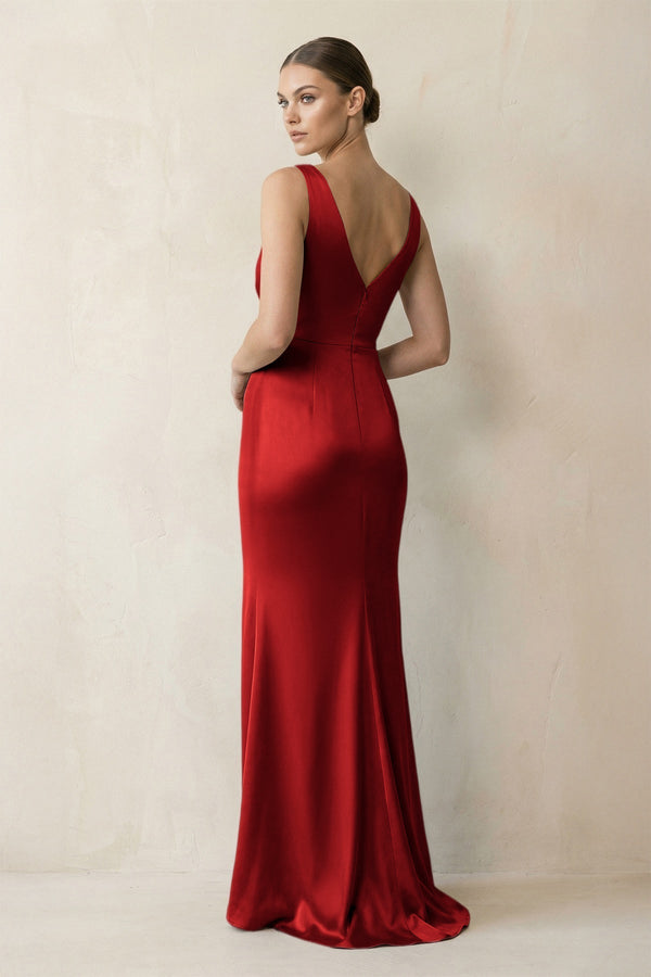 V - Neck Satin Ruched Sheath Bridesmaid Dress in Spice - KissProm Bridesmaid Dresses