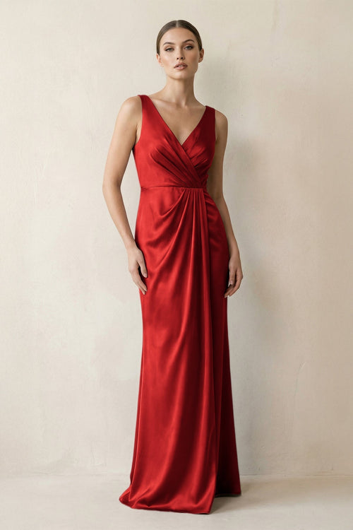 V - Neck Satin Ruched Sheath Bridesmaid Dress in Spice - KissProm Bridesmaid Dresses