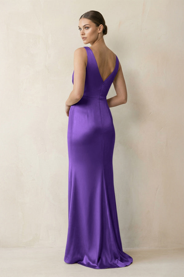 V - Neck Satin Ruched Sheath Bridesmaid Dress in Tahiti - KissProm Bridesmaid Dresses