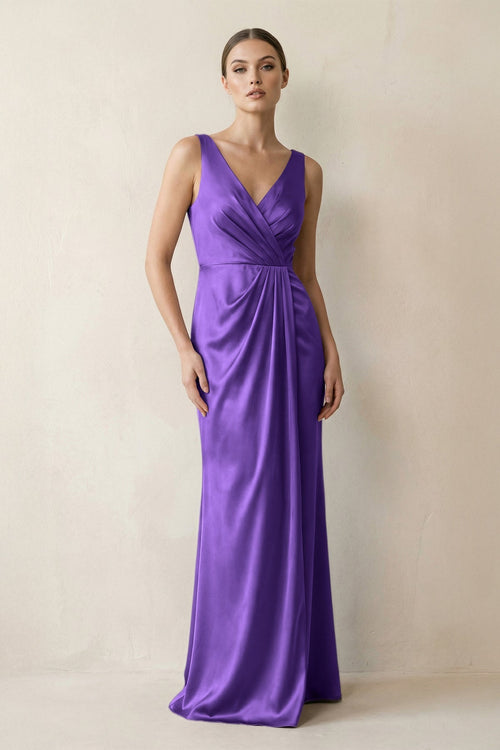 V - Neck Satin Ruched Sheath Bridesmaid Dress in Tahiti - KissProm Bridesmaid Dresses
