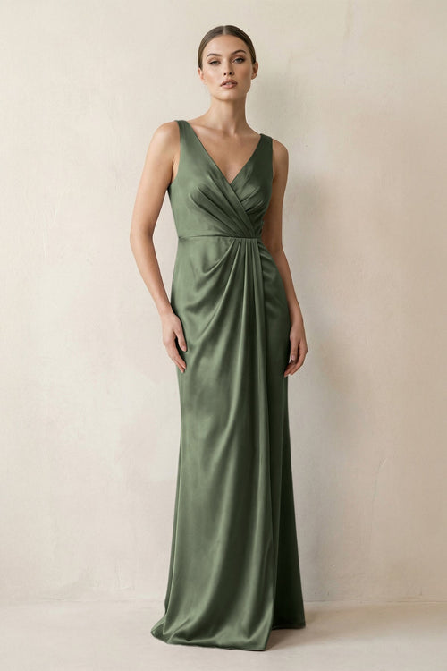 V - Neck Satin Ruched Sheath Bridesmaid Dress in Thyme - KissProm Bridesmaid Dresses