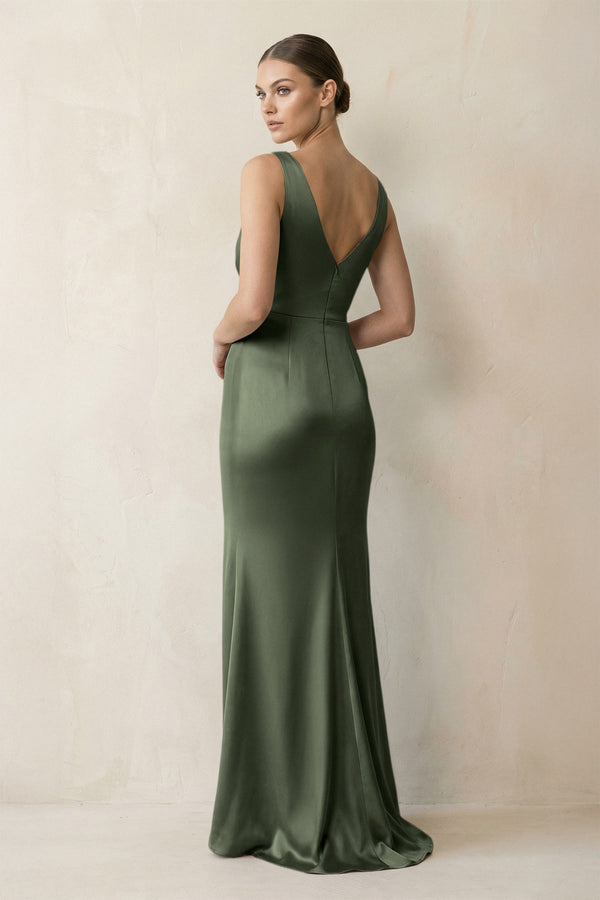 V - Neck Satin Ruched Sheath Bridesmaid Dress in Thyme - KissProm Bridesmaid Dresses