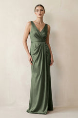 V - Neck Satin Ruched Sheath Bridesmaid Dress in Thyme - KissProm Bridesmaid Dresses