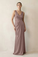 V - Neck Satin Ruched Sheath Bridesmaid Dress in Toffee - KissProm Bridesmaid Dresses