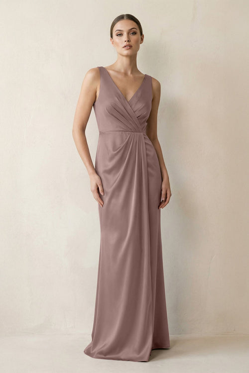 V - Neck Satin Ruched Sheath Bridesmaid Dress in Toffee - KissProm Bridesmaid Dresses