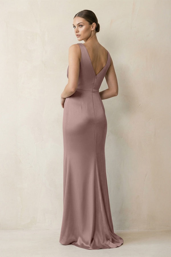 V - Neck Satin Ruched Sheath Bridesmaid Dress in Toffee - KissProm Bridesmaid Dresses