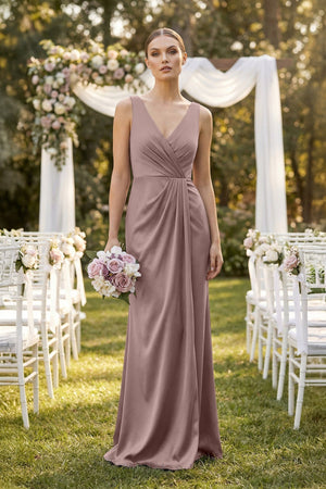 V - Neck Satin Ruched Sheath Bridesmaid Dress in Toffee - KissProm Bridesmaid Dresses