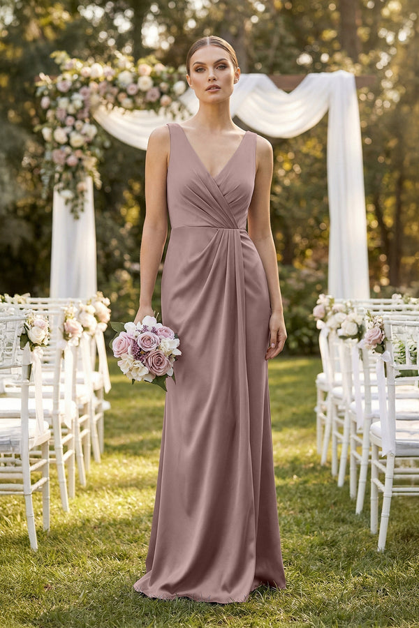 V - Neck Satin Ruched Sheath Bridesmaid Dress in Toffee - KissProm Bridesmaid Dresses