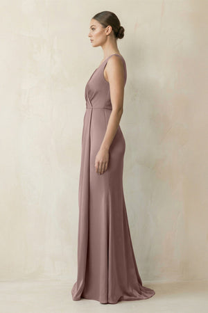 V - Neck Satin Ruched Sheath Bridesmaid Dress in Toffee - KissProm Bridesmaid Dresses