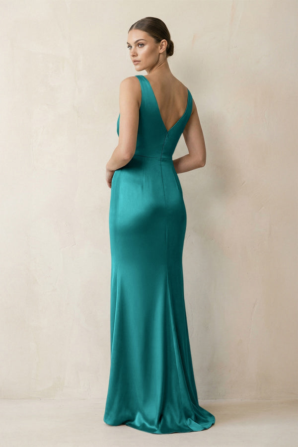V - Neck Satin Ruched Sheath Bridesmaid Dress in Turquoise - KissProm Bridesmaid Dresses