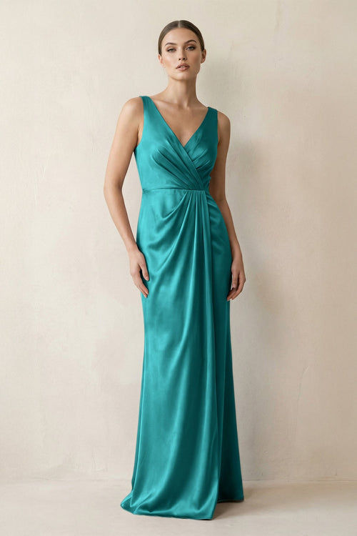 V - Neck Satin Ruched Sheath Bridesmaid Dress in Turquoise - KissProm Bridesmaid Dresses