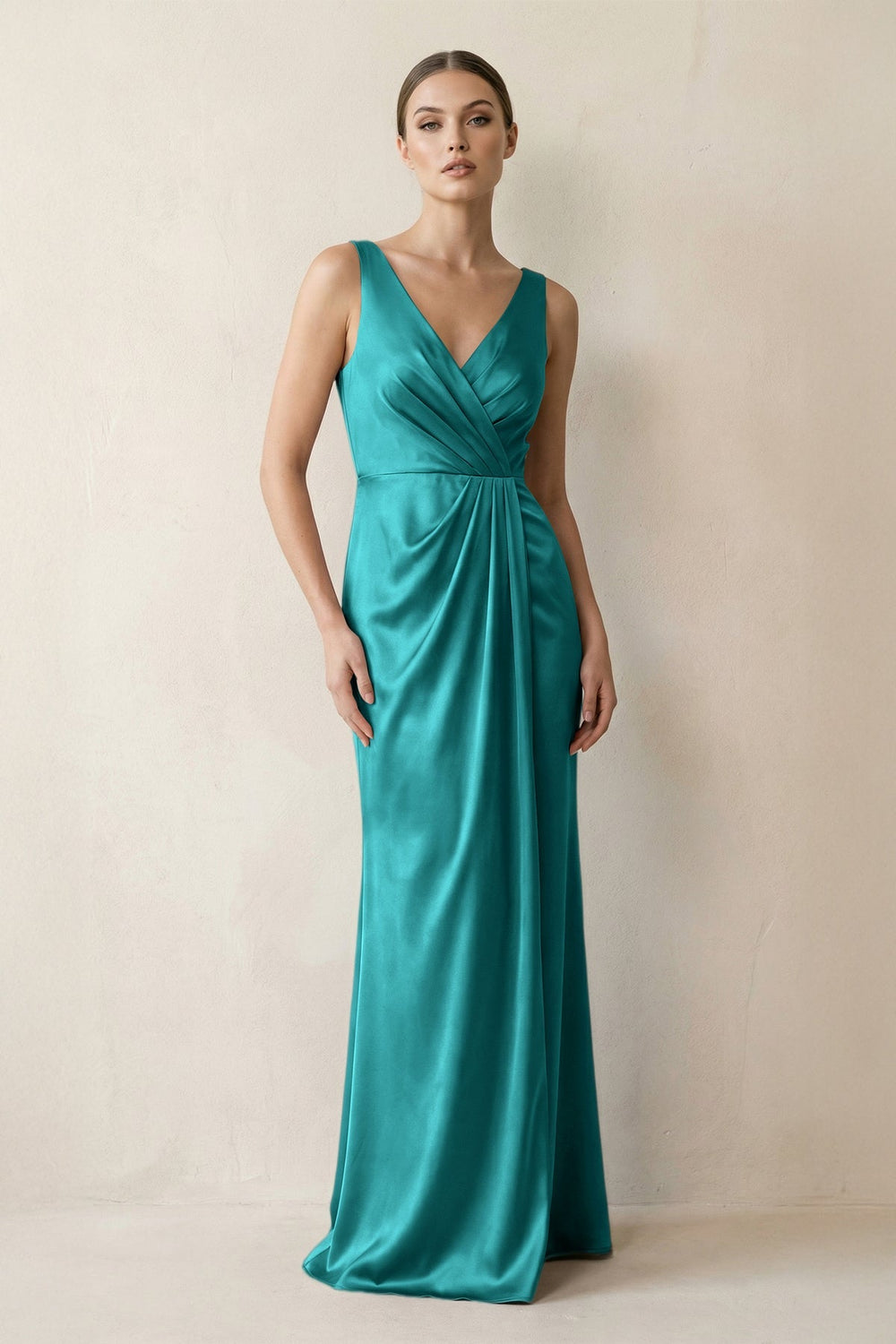 V - Neck Satin Ruched Sheath Bridesmaid Dress in Turquoise - KissProm Bridesmaid Dresses