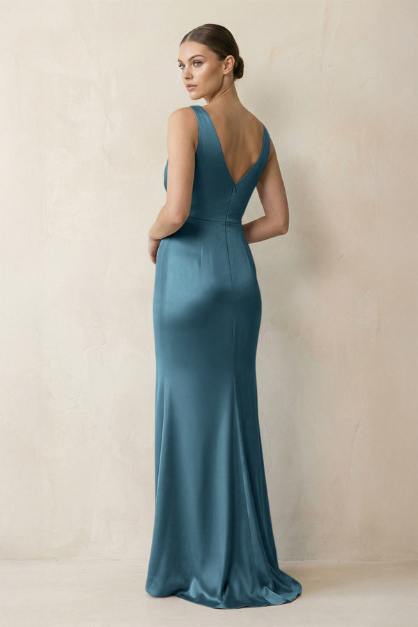 V - Neck Satin Ruched Sheath Bridesmaid Dress in Twilight - KissProm Bridesmaid Dresses