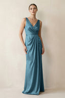 V - Neck Satin Ruched Sheath Bridesmaid Dress in Twilight - KissProm Bridesmaid Dresses