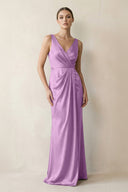 V - Neck Satin Ruched Sheath Bridesmaid Dress in Vintage Mauve - KissProm Bridesmaid Dresses