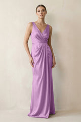 V - Neck Satin Ruched Sheath Bridesmaid Dress in Vintage Mauve - KissProm Bridesmaid Dresses
