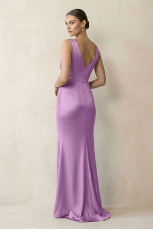V - Neck Satin Ruched Sheath Bridesmaid Dress in Vintage Mauve - KissProm Bridesmaid Dresses
