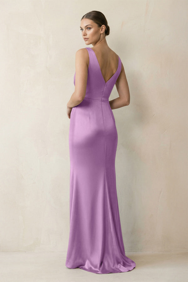 V - Neck Satin Ruched Sheath Bridesmaid Dress in Vintage Mauve - KissProm Bridesmaid Dresses