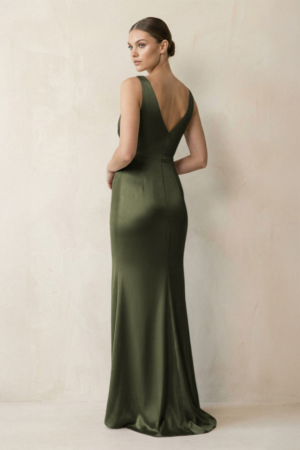 V - Neck Satin Ruched Sheath Bridesmaid Dress in Willow Green - KissProm Bridesmaid Dresses